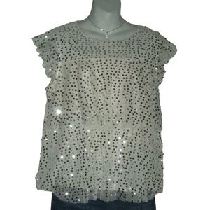 Lauren Conrad Blouse Ivory Silver Sequin Shirt Top Party Glam Fairy Twee Cream L